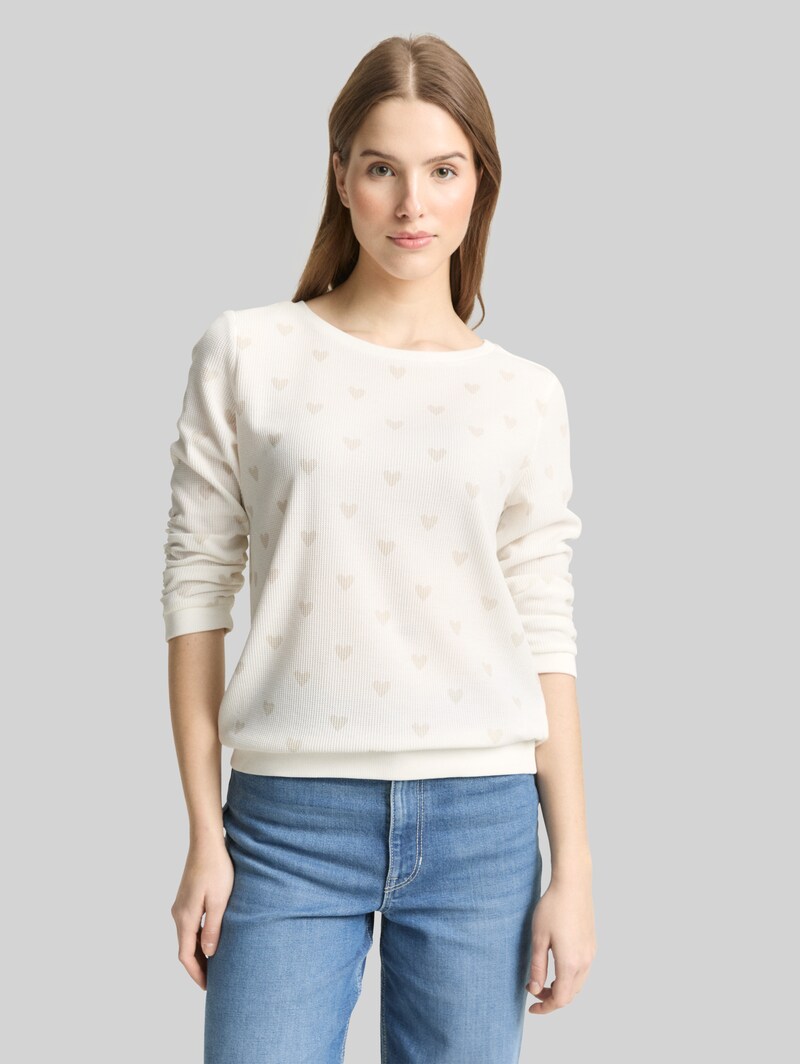 Tom Tailor Slim Fit Sweatshirt mit Herz-Print - Off White Tonal Heart Print Tom Tailor Slim Fit Sweatshirt mit Herz-Print - Off White Tonal Heart Print