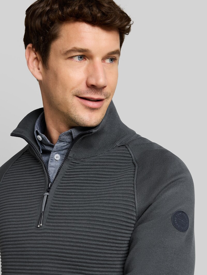 Tom Tailor Troyer Strickpullover aus Baumwolle - Darkest Olive