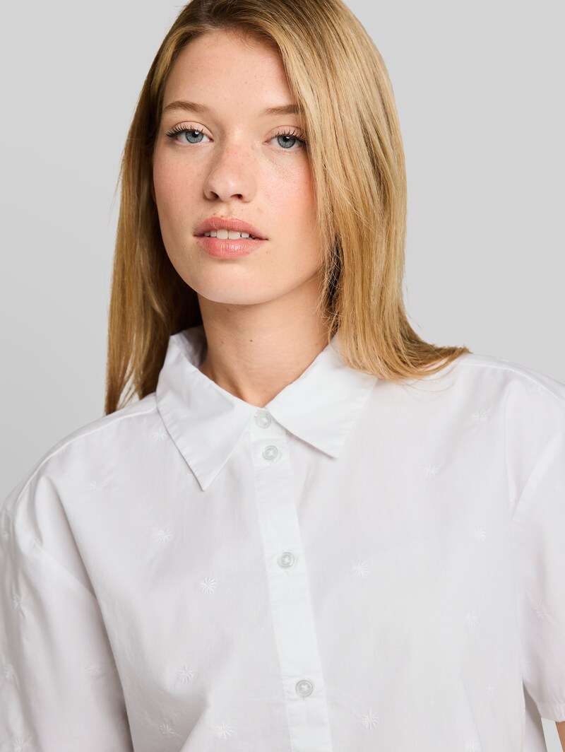 Tom Tailor Boxy Fit Hemdbluse mit Stickereien - White Tonal Daisy Embroidery