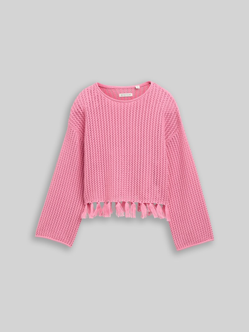 Tom Tailor Cropped Strickpullover mit Fransen - Soft Blush Rose