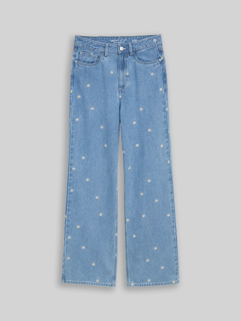 Tom Tailor TTLINOU WIDE Jeans mit Blumen-Stickerei - Blue White Daisy Embroidery