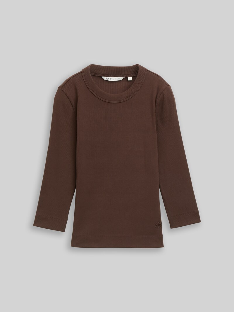 Tom Tailor Slim Fit Langarmshirt mit Rippstruktur - Cool Dark Brown