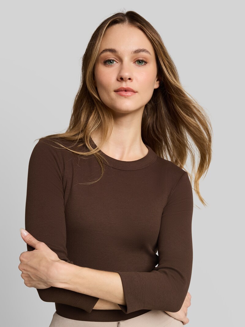 Tom Tailor Slim Fit Langarmshirt mit Rippstruktur - Cool Dark Brown