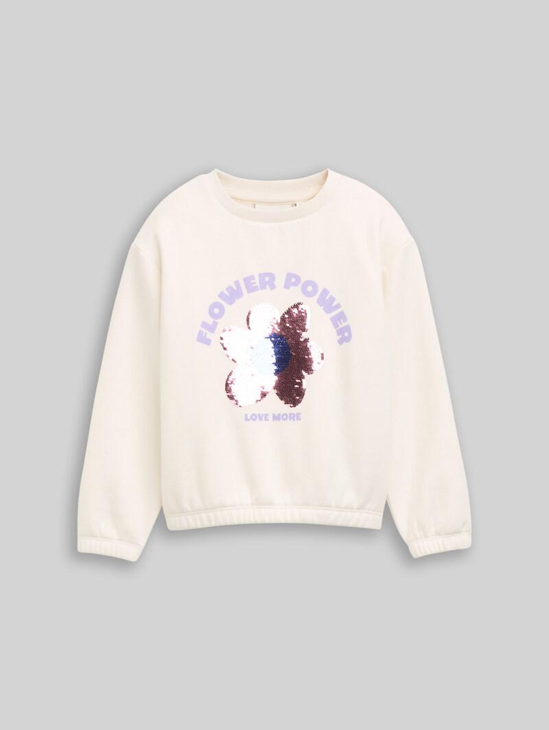 Tom Tailor Cropped Sweatshirt mit Wendepailletten - Gardenia White