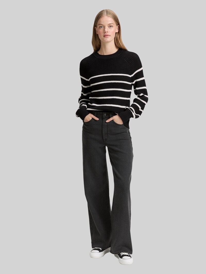 Tom Tailor Strickpullover mit leichten Ballonärmeln - Placed Black White Stripe
