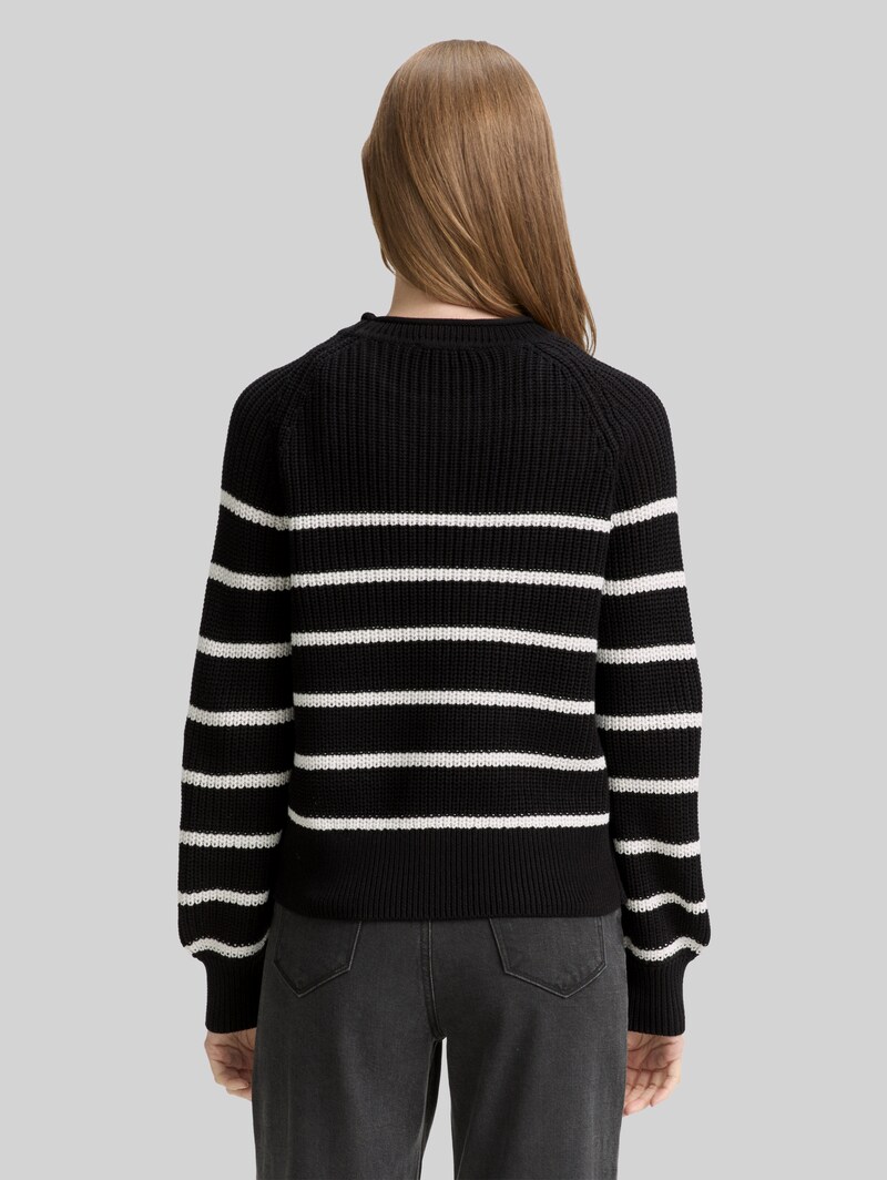 Tom Tailor Strickpullover mit leichten Ballonärmeln - Placed Black White Stripe