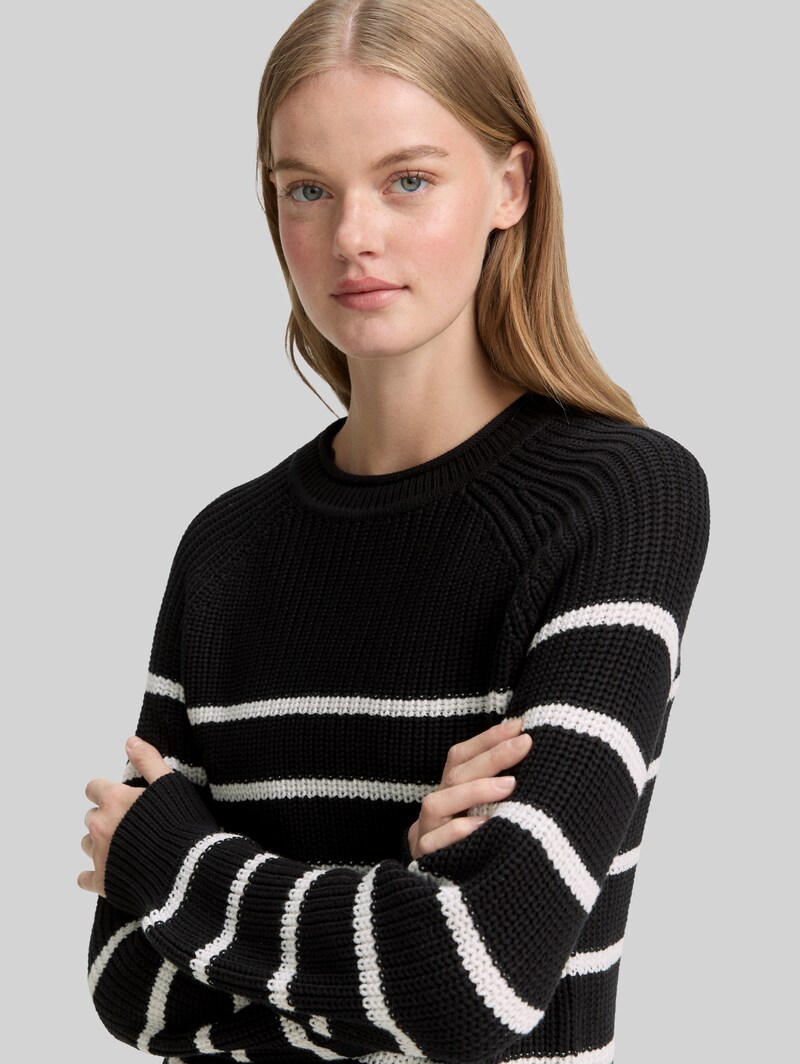 Tom Tailor Strickpullover mit leichten Ballonärmeln - Placed Black White Stripe