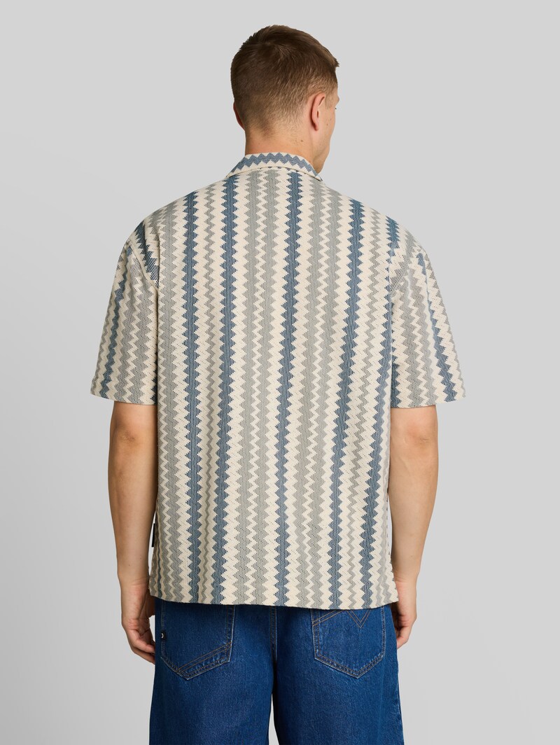 Tom Tailor Loose Fit Resort Kurzarmhemd in Häkel-Optik - Green White Zick Zack Stripe