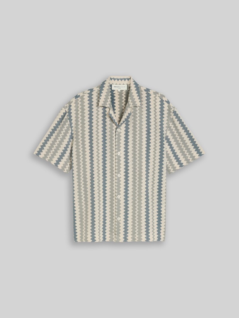 Tom Tailor Loose Fit Resort Kurzarmhemd in Häkel-Optik - Green White Zick Zack Stripe