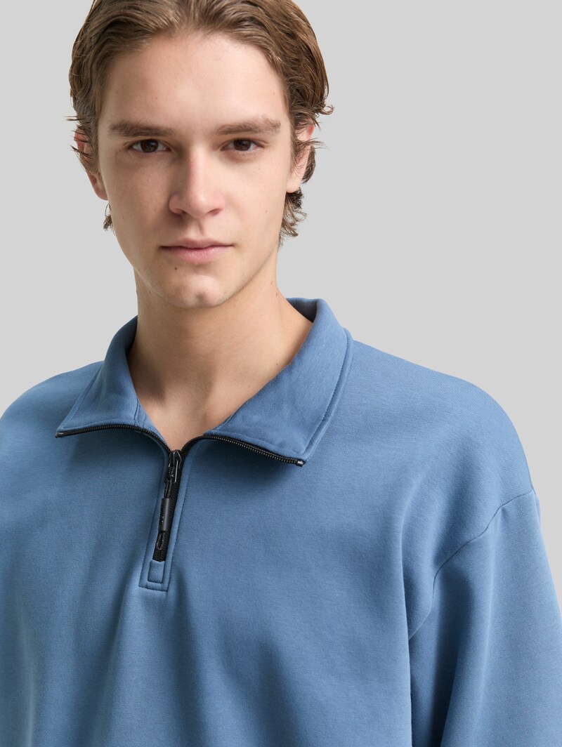 Tom Tailor Troyer Sweatshirt mit Logo-Badge - Dusty Denim Blue