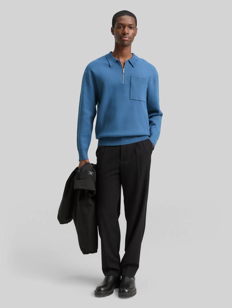 Tom Tailor Relaxed Fit Strickpullover mit Polokragen - Dusty Denim Blue