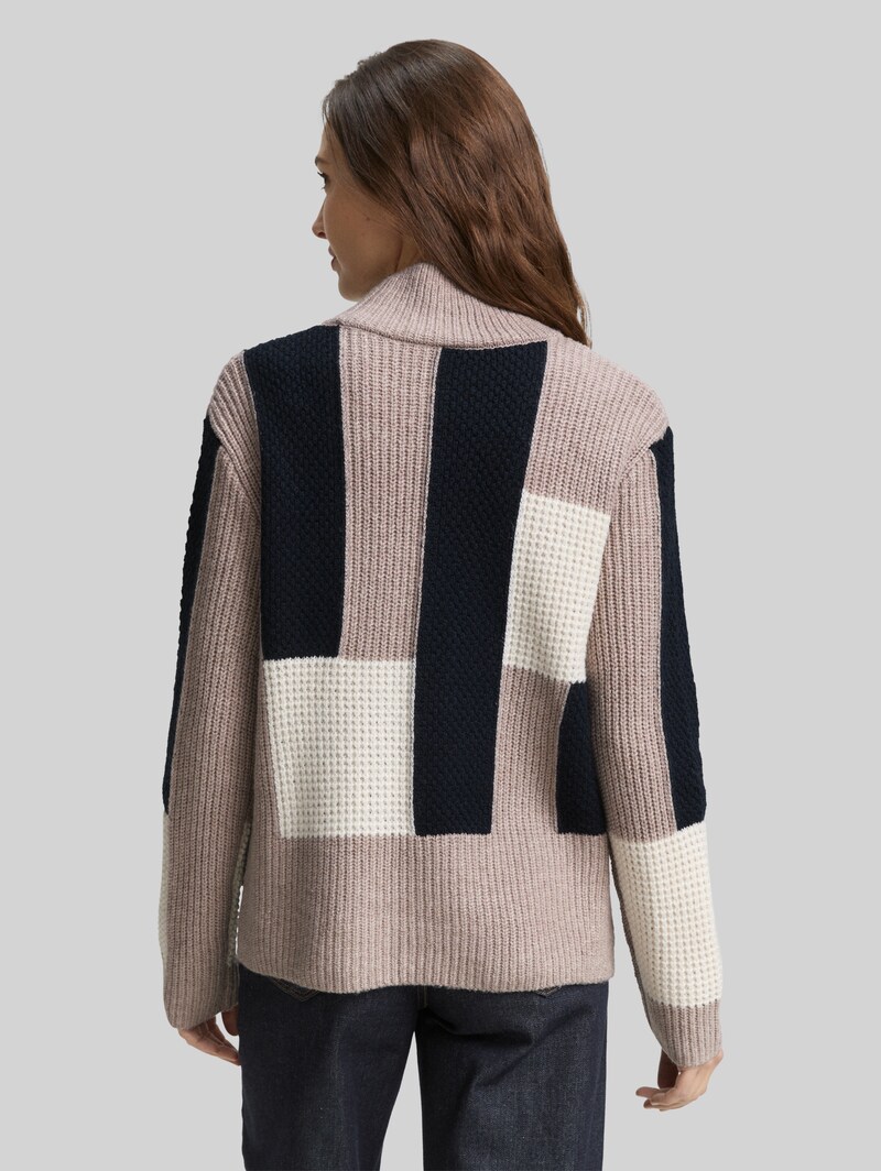 Tom Tailor Loose Fit Strickpullover mit Colour Blocking - Taupe Structured Colorblock