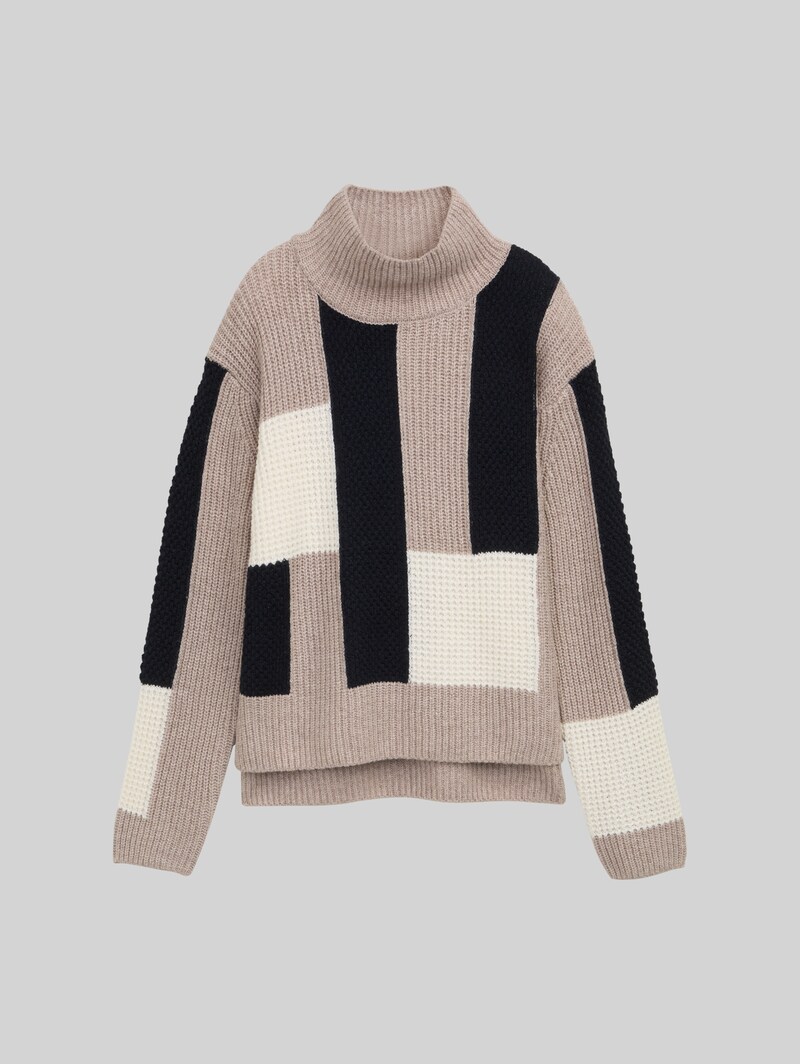 Tom Tailor Loose Fit Strickpullover mit Colour Blocking - Taupe Structured Colorblock