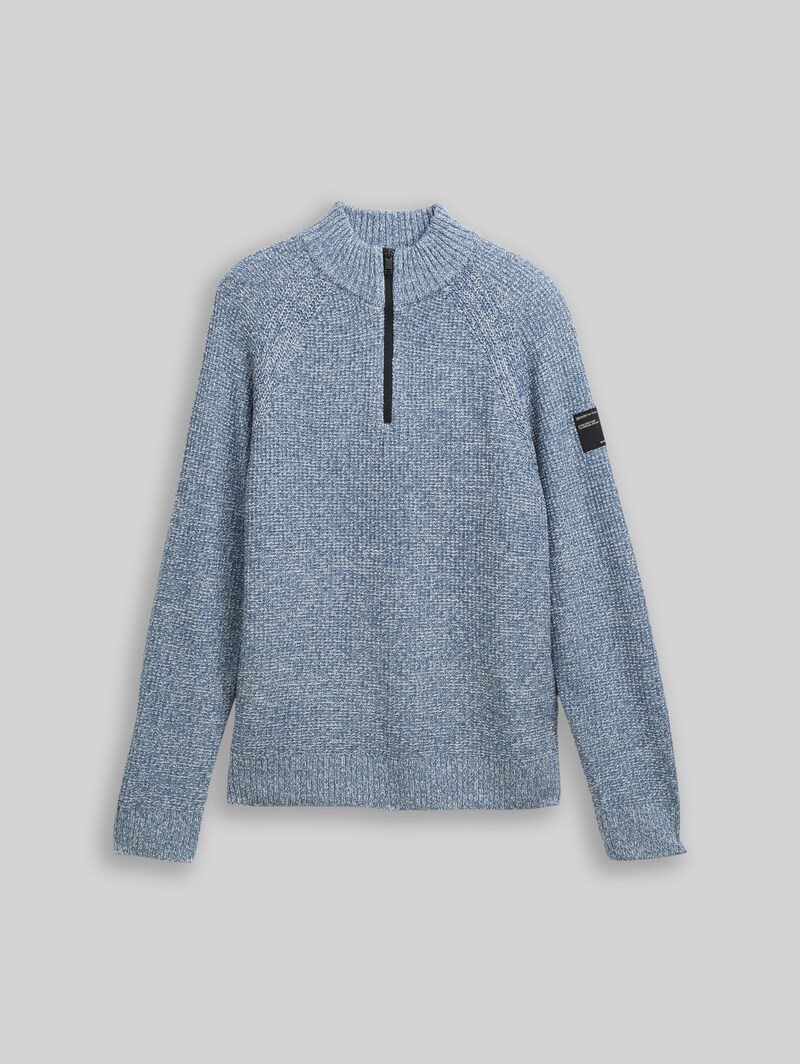 Tom Tailor Troyer Strickpullover - Denim Blue White Mouline