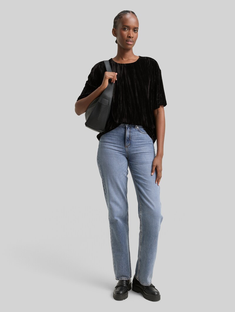Tom Tailor Loose Fit T-Shirt aus Samt - Deep Black