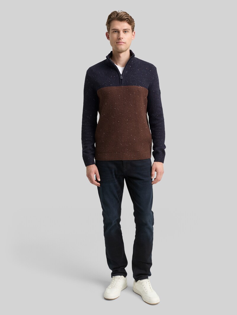 Tom Tailor Troyer Strickpullover mit Strukturmix - Navy Brown Color Block