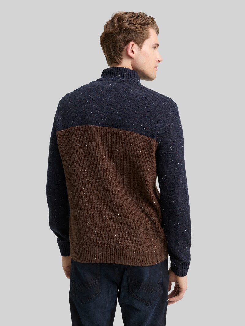 Tom Tailor Troyer Strickpullover mit Strukturmix - Navy Brown Color Block