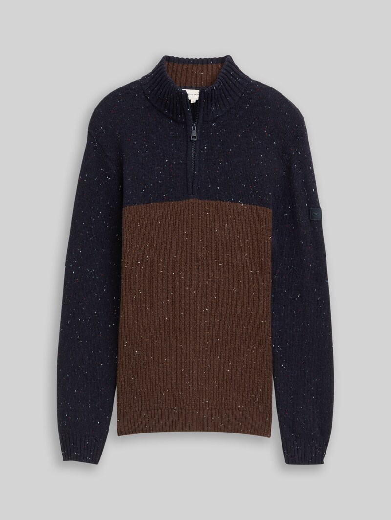 Tom Tailor Troyer Strickpullover mit Strukturmix - Navy Brown Color Block