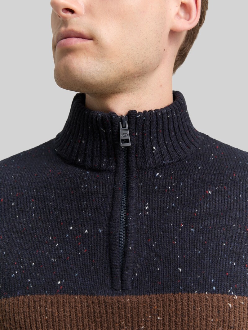Tom Tailor Troyer Strickpullover mit Strukturmix - Navy Brown Color Block