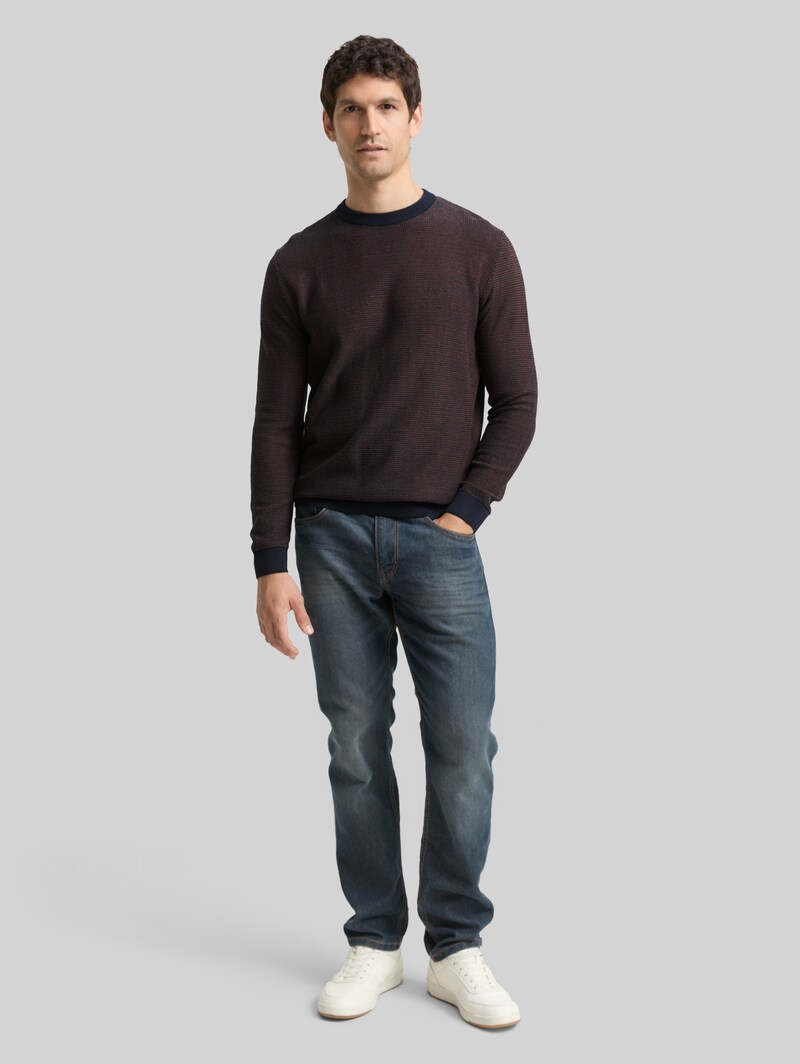 Tom Tailor Strickpullover aus Baumwolle - Navy Mid Brown Dot Stripe
