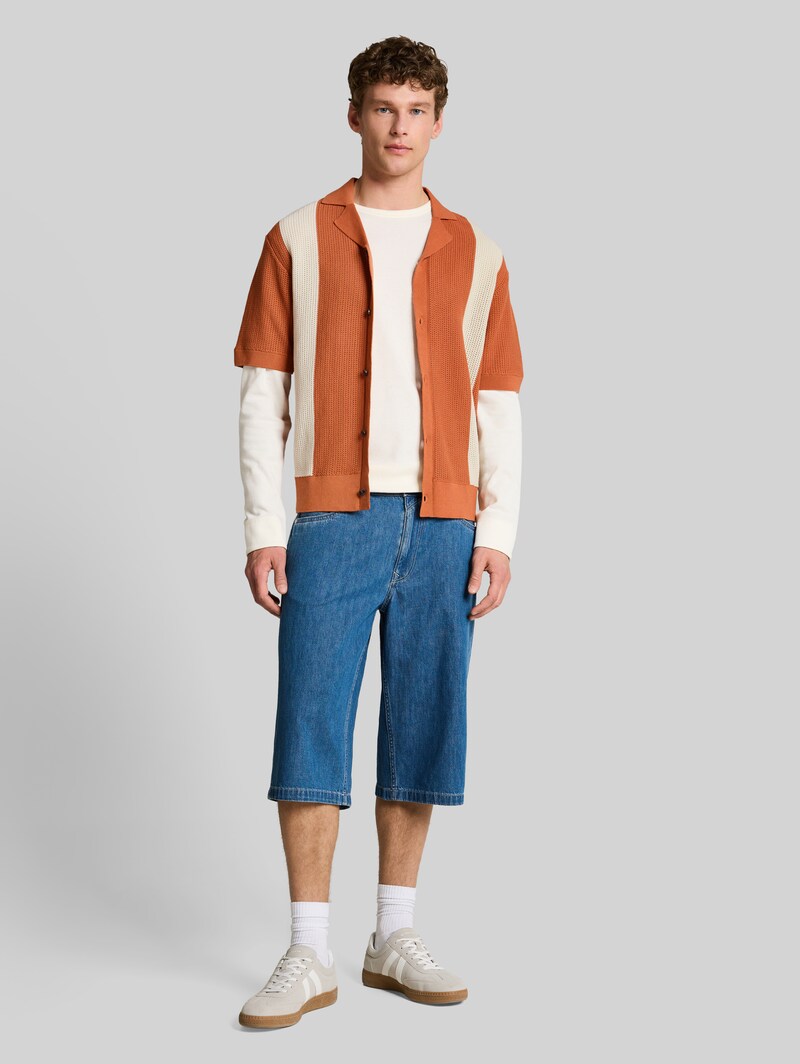 Tom Tailor Strickhemd mit Resort Kragen und Knopfleiste - Orange White Colorblock