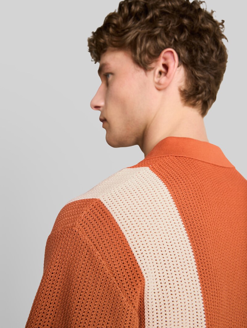 Tom Tailor Strickhemd mit Resort Kragen und Knopfleiste - Orange White Colorblock