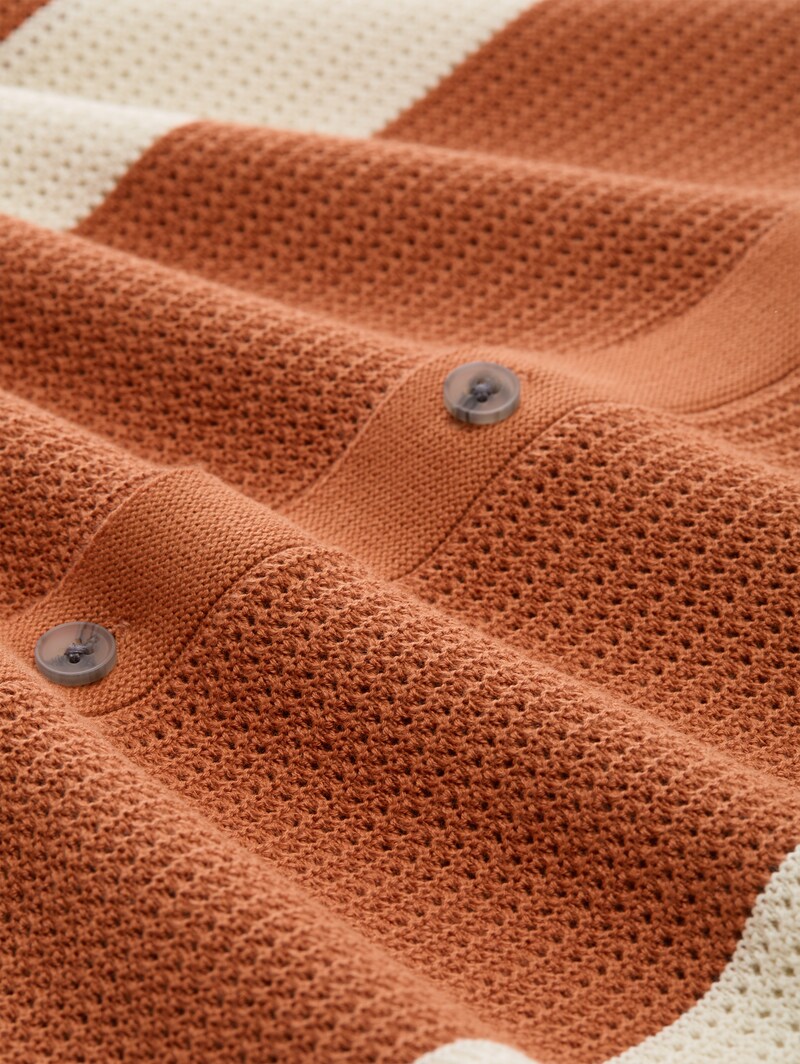 Tom Tailor Strickhemd mit Resort Kragen und Knopfleiste - Orange White Colorblock