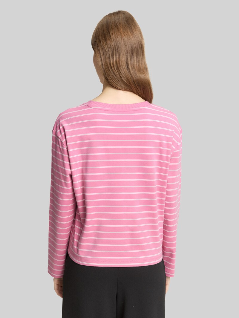 Tom Tailor Boxy Fit Langarmshirt mit Herz-Stickerei - Pink White Stripe