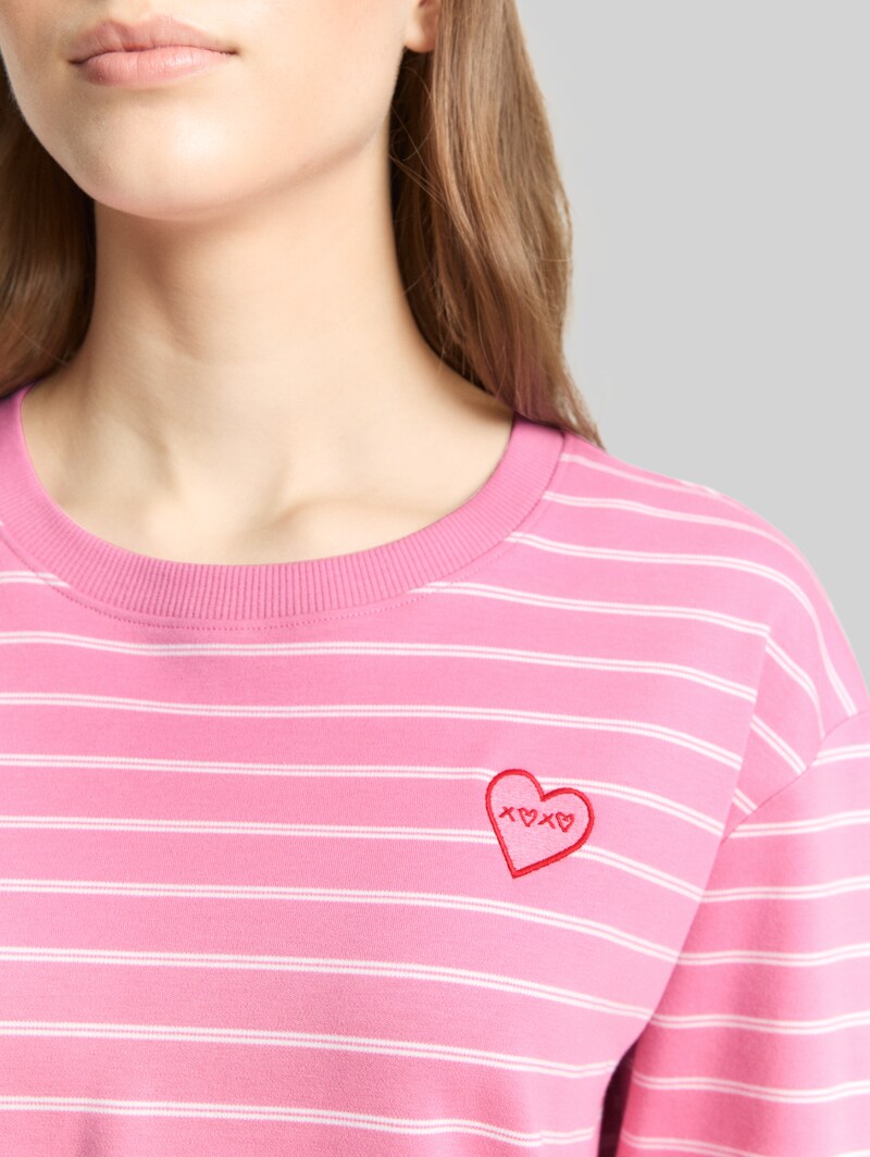 Tom Tailor Boxy Fit Langarmshirt mit Herz-Stickerei - Pink White Stripe