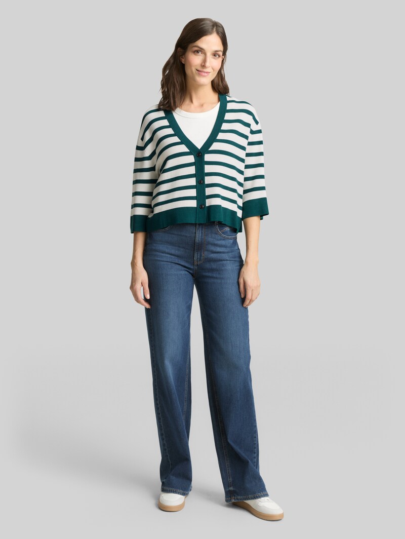 Tom Tailor Loose Fit Cardigan mit Streifenmuster - White Green Knit Stripe
