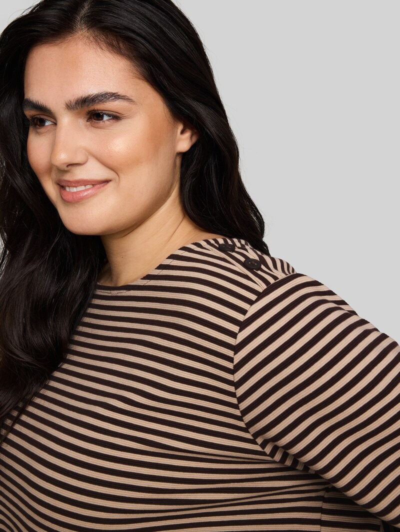 Tom Tailor Plus Size - Langarmshirt mit Knopf-Details - Dark Brown Beige Stripe