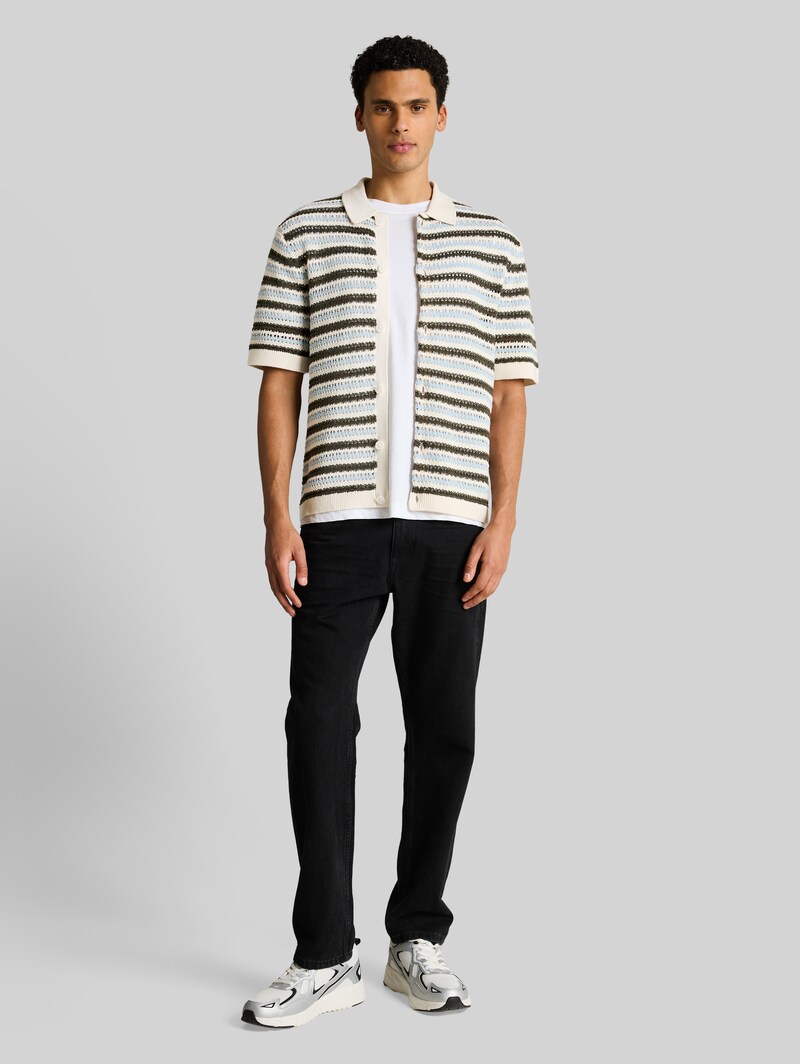 Tom Tailor Strick-Poloshirt mit Streifenmuster - Olive Light Blue Stripe