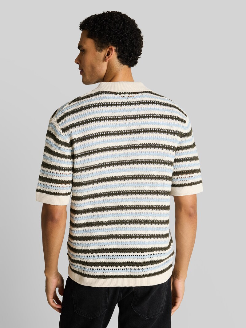 Tom Tailor Strick-Poloshirt mit Streifenmuster - Olive Light Blue Stripe