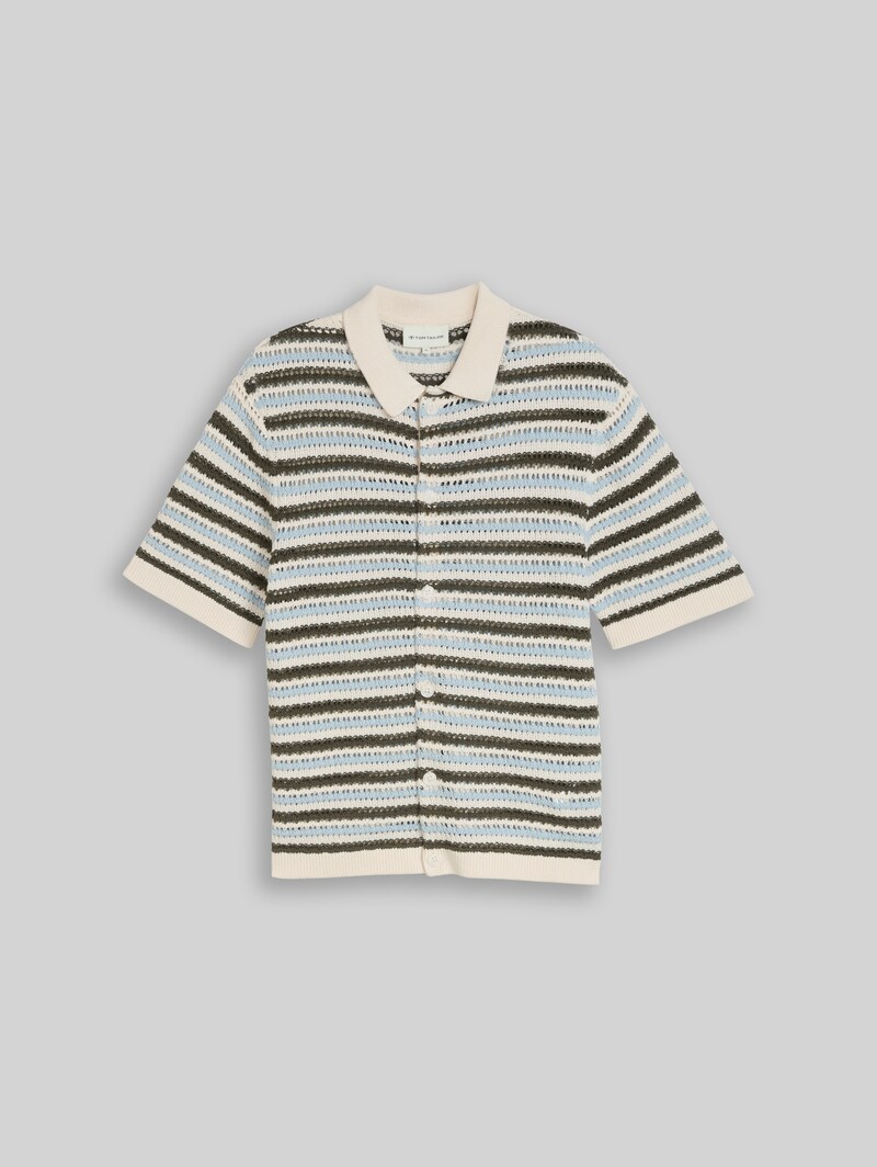 Tom Tailor Strick-Poloshirt mit Streifenmuster - Olive Light Blue Stripe