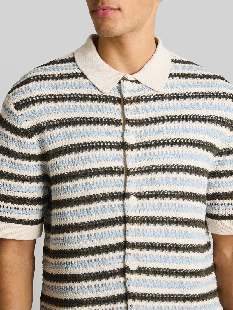 Tom Tailor Strick-Poloshirt mit Streifenmuster - Olive Light Blue Stripe
