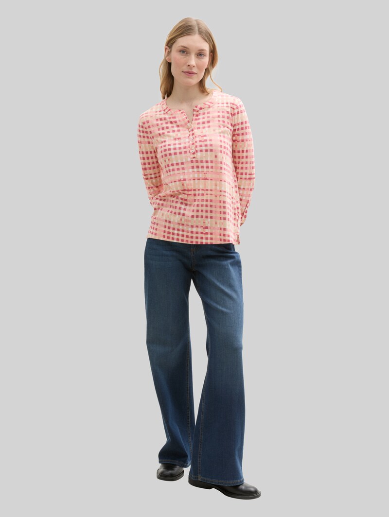 Tom Tailor Henley Langarmshirt mit Muster - Berry Red Check Design