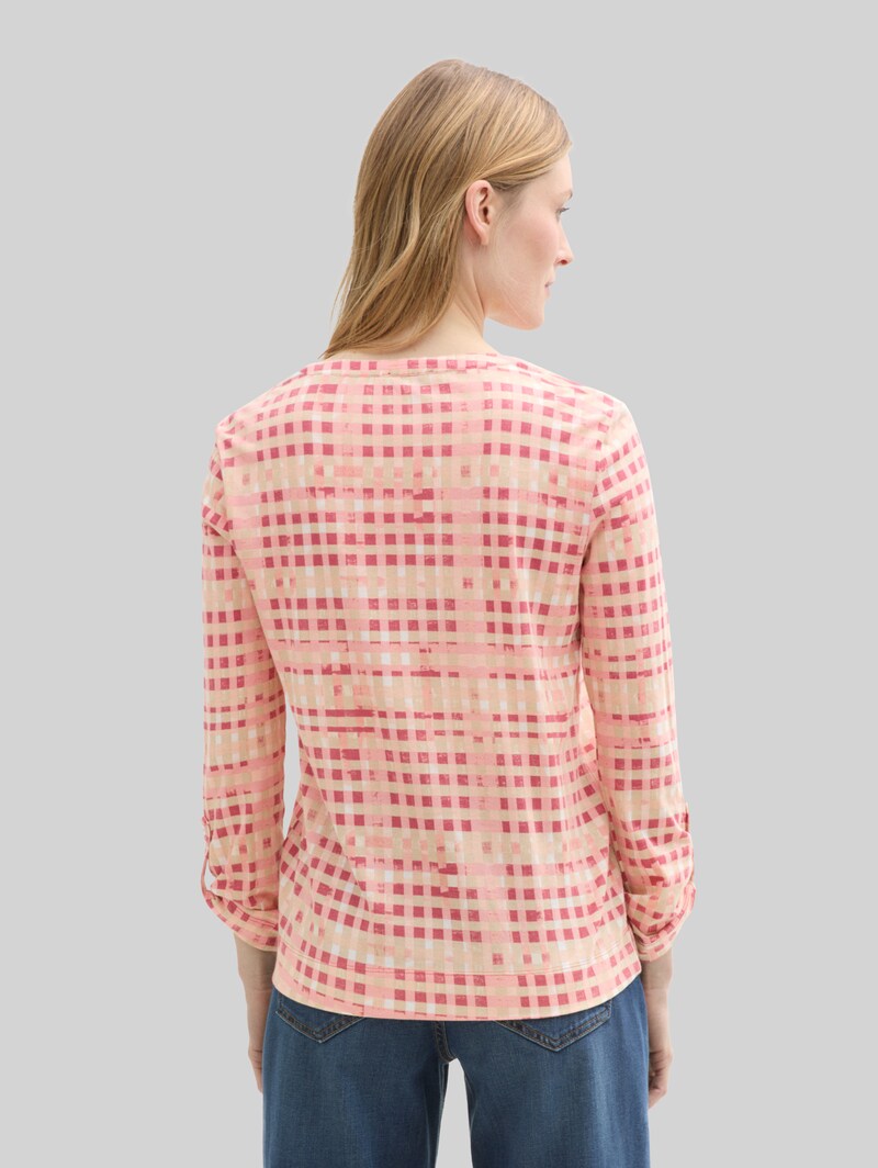 Tom Tailor Henley Langarmshirt mit Muster - Berry Red Check Design