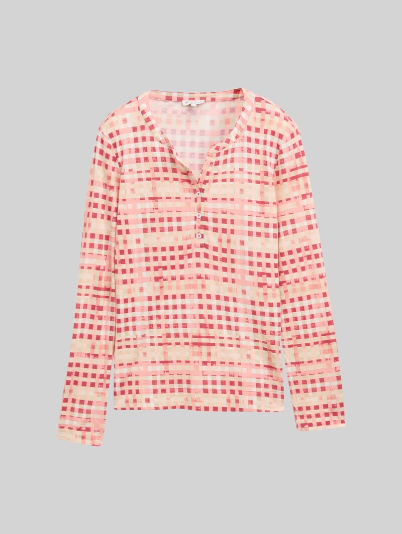 Tom Tailor Henley Langarmshirt mit Muster - Berry Red Check Design