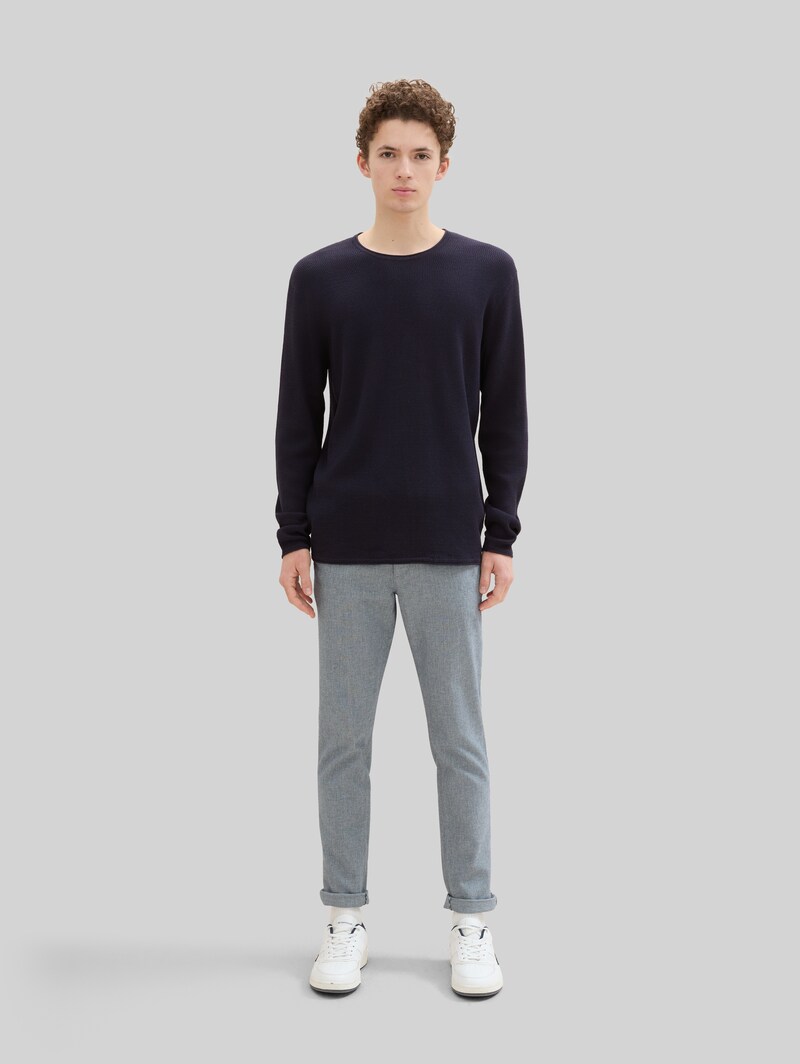 Tom Tailor Straight Chino Hose mit Gürtel - White Navy Dobby Yarn Dye