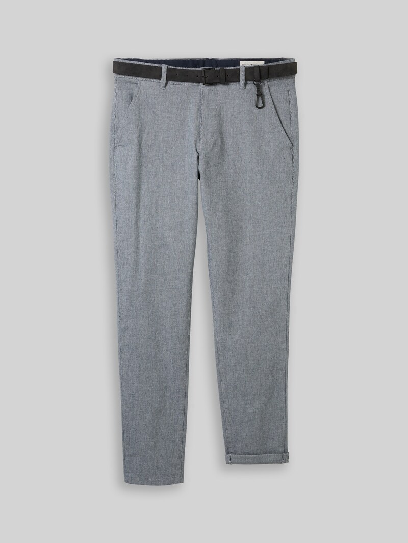 Tom Tailor Straight Chino Hose mit Gürtel - White Navy Dobby Yarn Dye