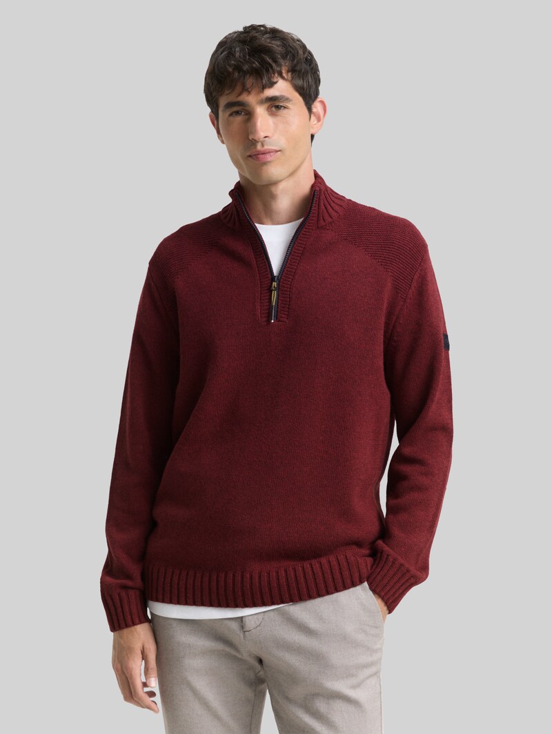 Tom Tailor Troyer Strickpullover mit Ripp-Details - Bordeaux Melange Tom Tailor Troyer Strickpullover mit Ripp-Details - Bordeaux Melange