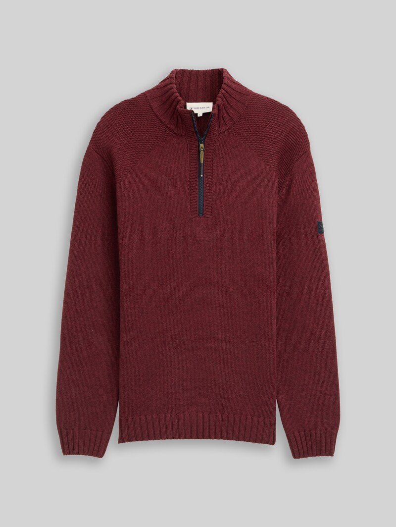 Tom Tailor Troyer Strickpullover mit Ripp-Details - Bordeaux Melange