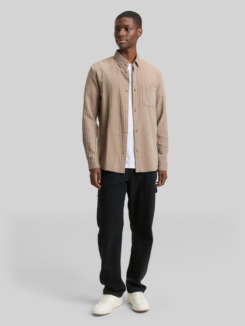 Tom Tailor Basic Fit Hemd mit Brusttasche - Brown White Herringbone