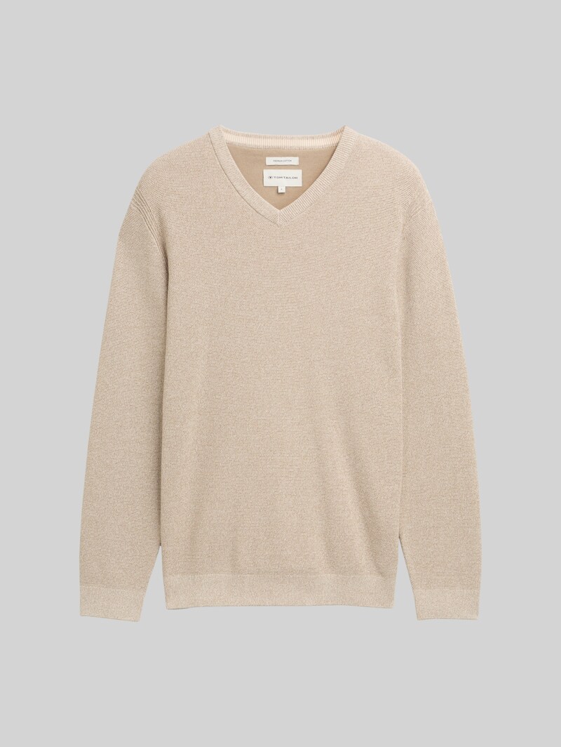 Tom Tailor Strickpullover mit V-Ausschnitt aus Bio-Baumwolle - Beige Offwhite Twotone