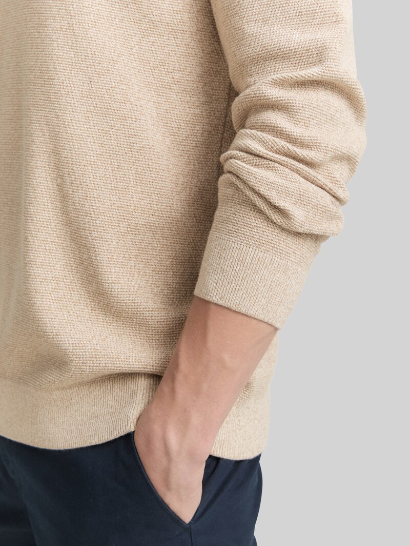 Tom Tailor Strickpullover mit V-Ausschnitt aus Bio-Baumwolle - Beige Offwhite Twotone