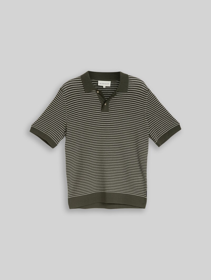 Tom Tailor Strickpullover mit Polokragen - Leaf Green Offwhite Stripe