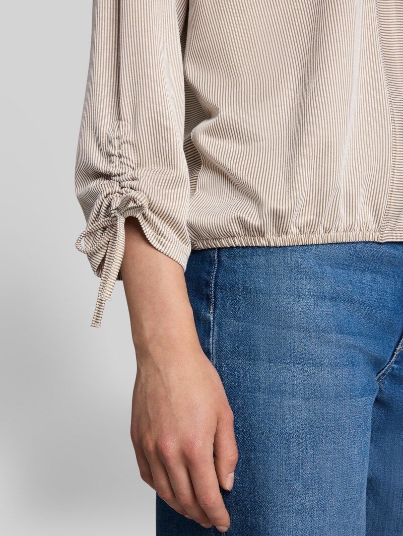 Tom Tailor Loose Fit Langarmshirt mit Raffärmeln - Small Beige White Stripe