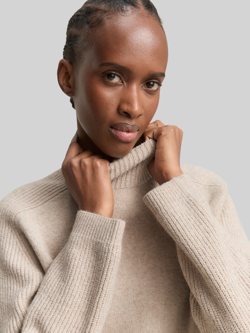 Tom Tailor Relaxed Fit Strickpullover mit Stehkragen - Cosy Beige Melange