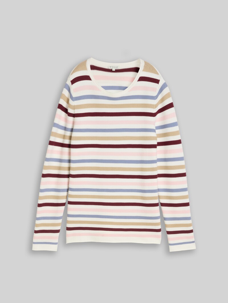 Tom Tailor Strickpullover aus Baumwolle - Rosa Beige Plum Regular Stripe