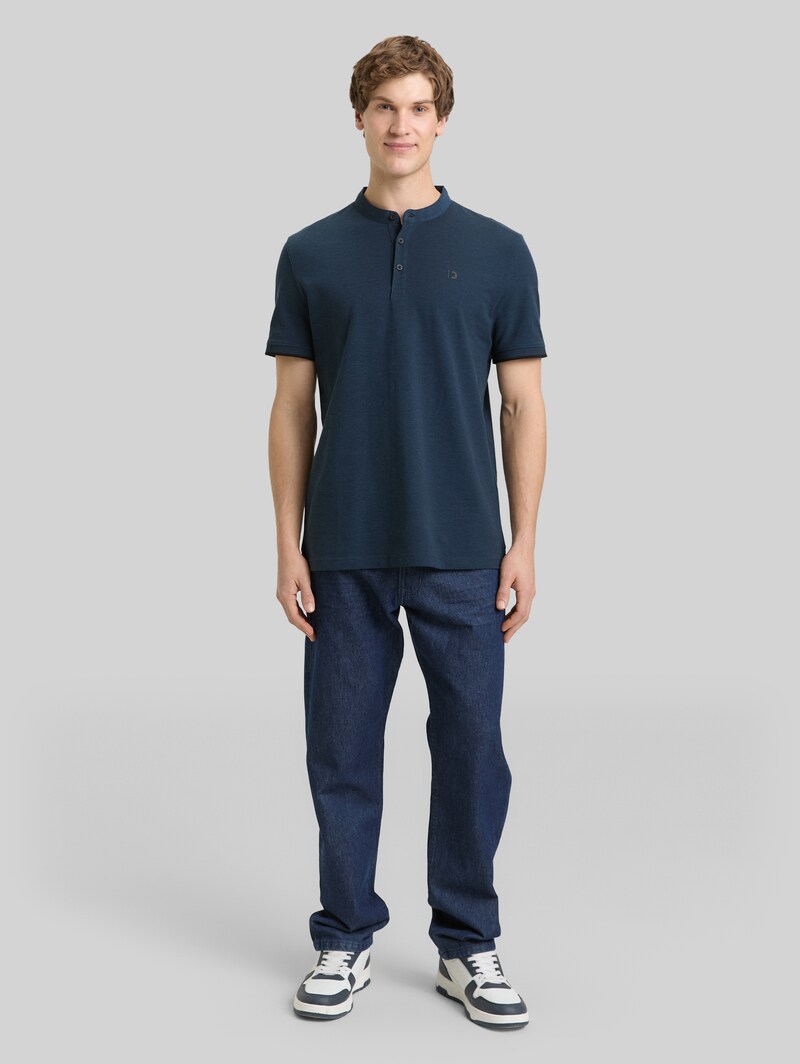 Tom Tailor Piqué Poloshirt mit Stehkragen - Blue Black Two Tone Pique